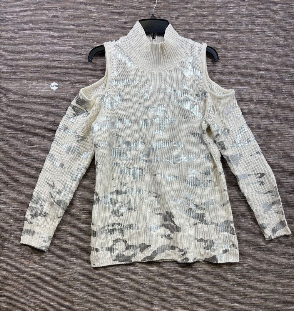 Boston Proper Sweater Womens Sz M White Camo Cold Shoulder Mock Neck Chunky Knit
